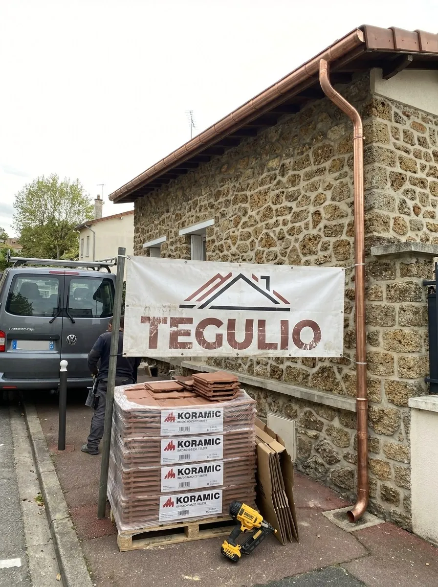 Descente de gouttière en cuivre neuve posée par Tegulio sur un pavillon en meulière à Sartrouville, bâche de l’entreprise et palette de tuiles